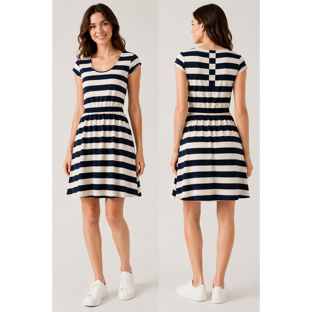 Banana Republic Navy Cream Striped‎ Pima Cotton Fit & Flare Dress Small Preppy